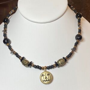 Hand Crafted Black and Gold Toned Jack O'Lantern Pumpkin Necklace